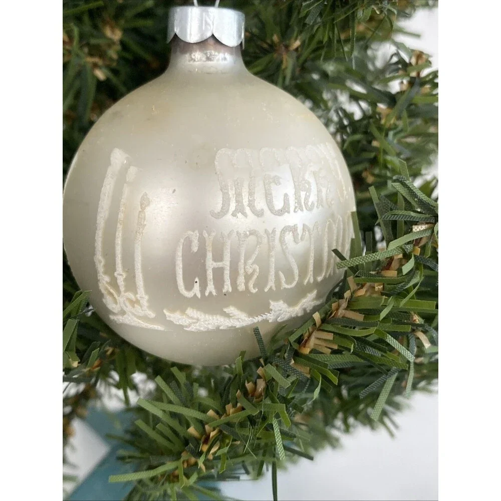 Vintage White Made USA MERRY CHRISTMAS Mica Stenciled Ball Ornament Holiday